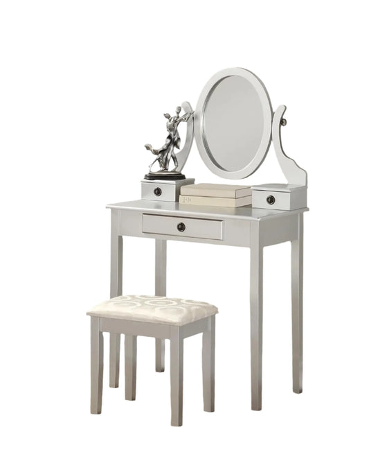 Vanity Table with 3 Drawers Mirror and Stool Set (Silver)