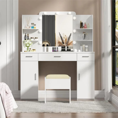 Vanity Table with Mirror, Lights, and Stool Set