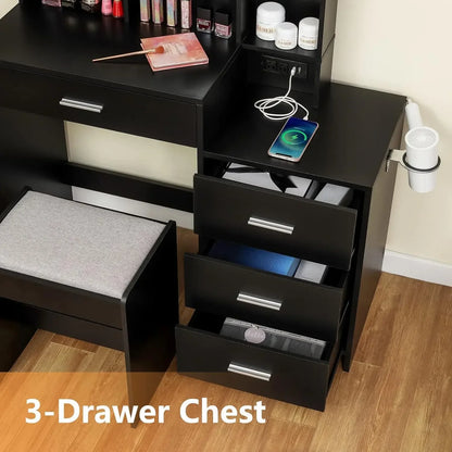 Vanity Table Set with Large Lighted Charging Station (Black)