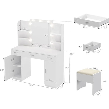 Vanity Table with Mirror, Lights, and Stool Set