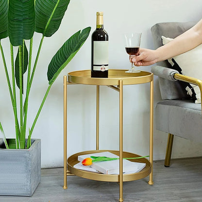 Side Table with 2-Tier Gold Metal Removable Tray - Furniture Things