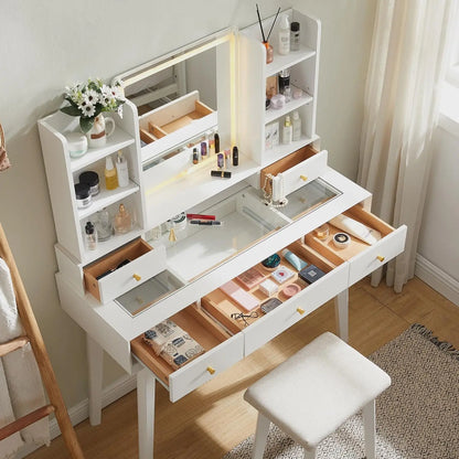 Vanity Table with Lights, Mirror, and Stool Modern Makeup