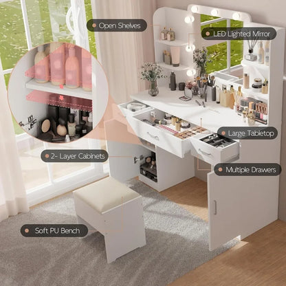 Vanity Table with Mirror, Lights, and Stool Set