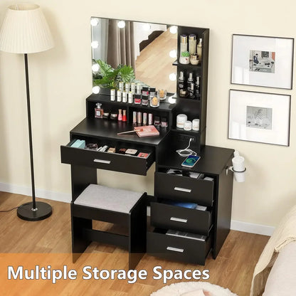 Vanity Table Set with Large Lighted Charging Station (Black)