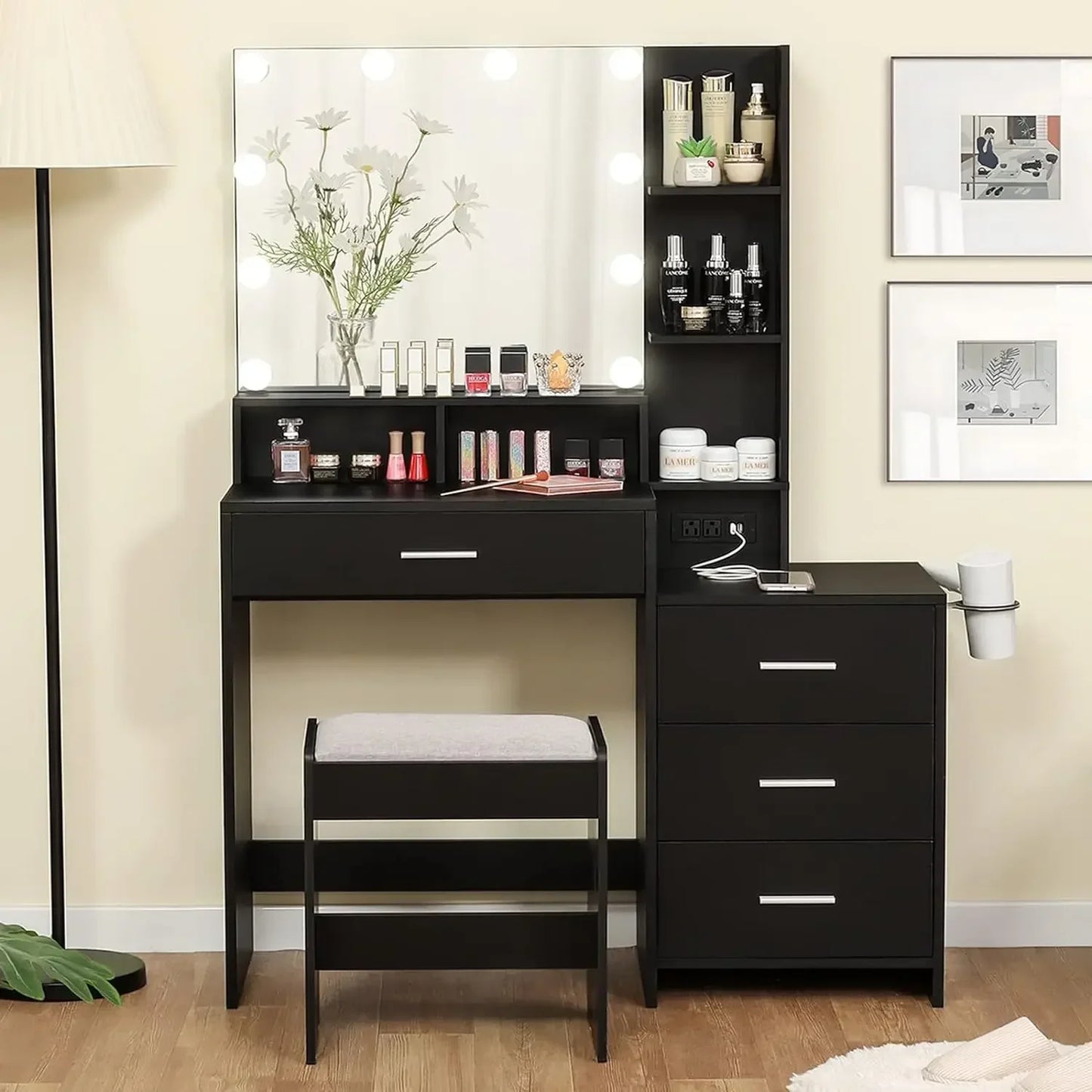 Vanity Table Set with Large Lighted Charging Station (Black)