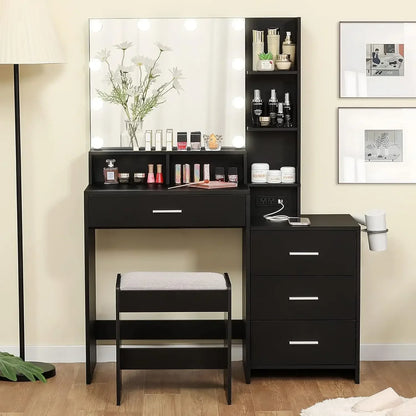 Vanity Table Set with Large Lighted Charging Station (Black)