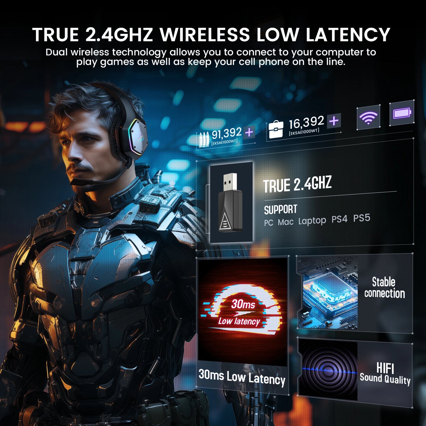 FTEX E1000 WT Wireless Gaming Headset 7.1 ENC Mic