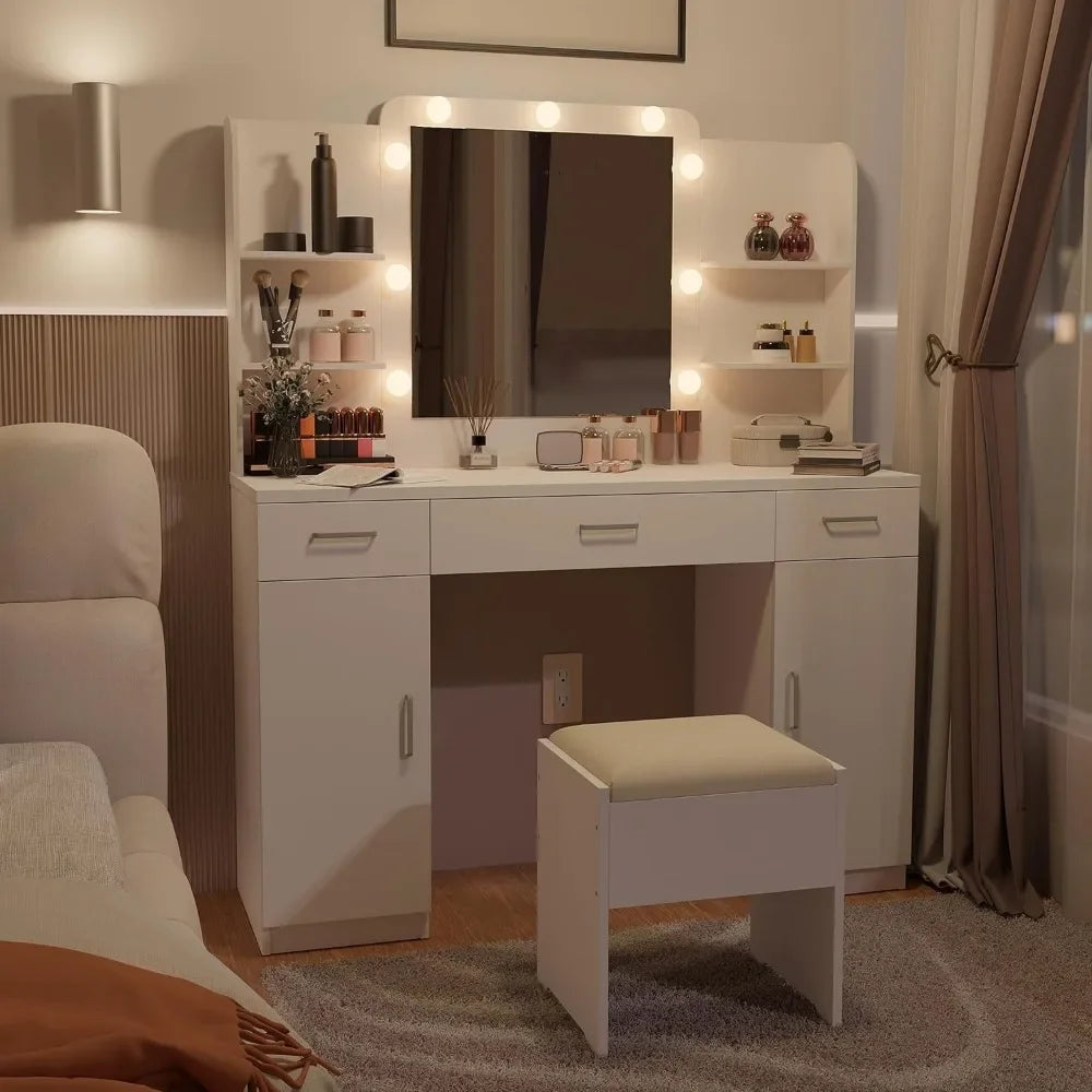 Vanity Table with Mirror, Lights, and Stool Set