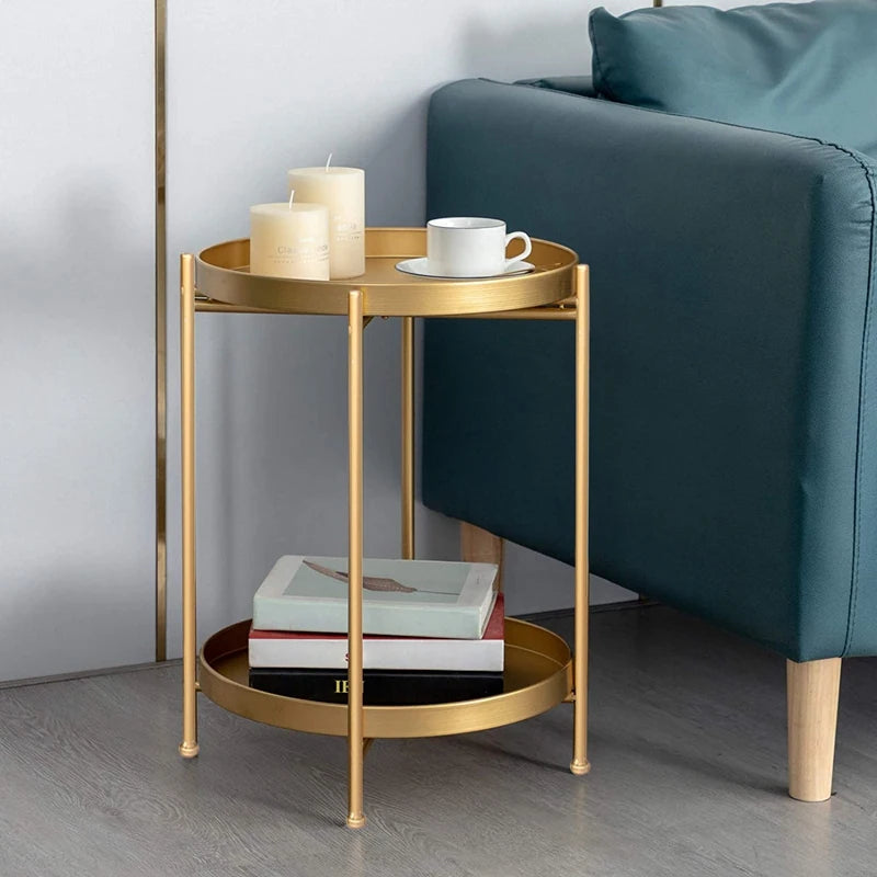 Side Table with 2-Tier Gold Metal Removable Tray - Furniture Things