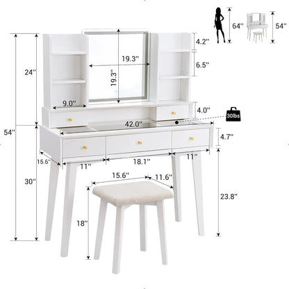Vanity Table with Lights, Mirror, and Stool Modern Makeup
