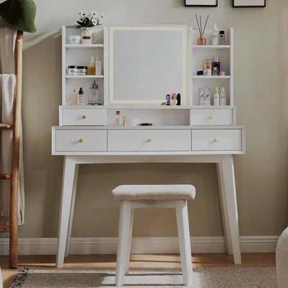 Vanity Table with Lights, Mirror, and Stool Modern Makeup