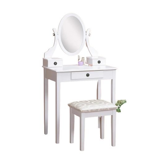 Vanity Table with 3 Drawers Mirror and Stool Set (White)