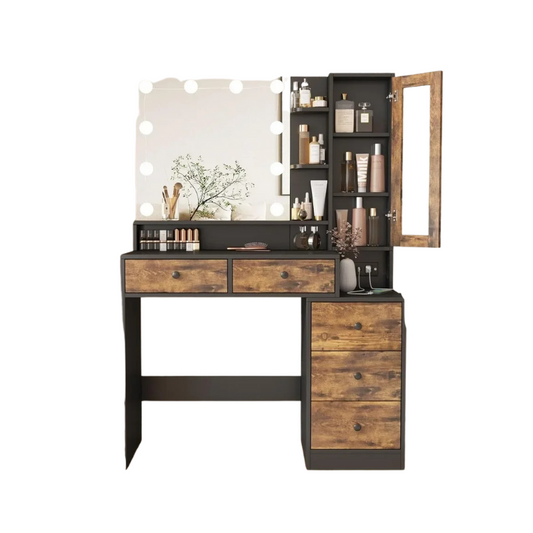 Vanity Table with Mirror, Lights, and Makeup (Rustic Brown)