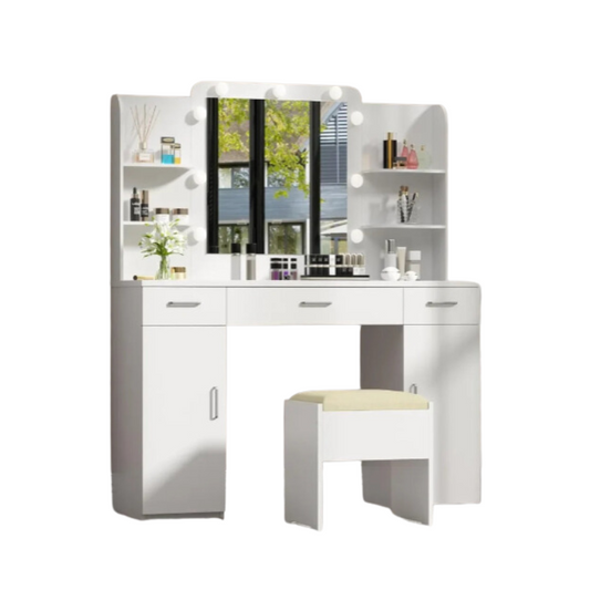 Vanity Table with Mirror, Lights, and Stool Set